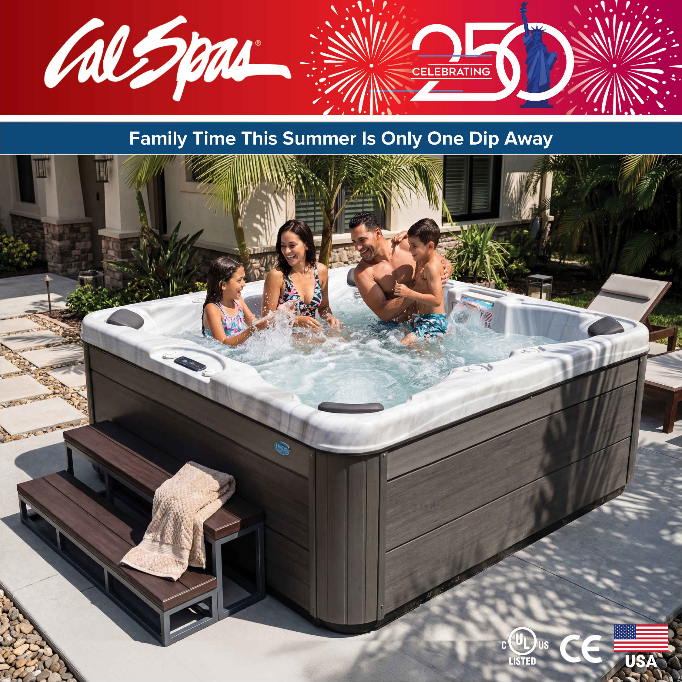 Calspas hot tub being used in a family setting - Sunrise